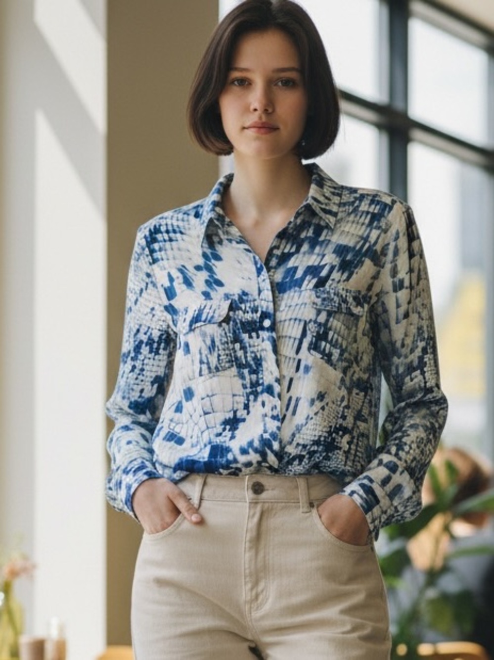 Calvin Klein Blue and White Snakeskin Pattern Button-Down Shirt
